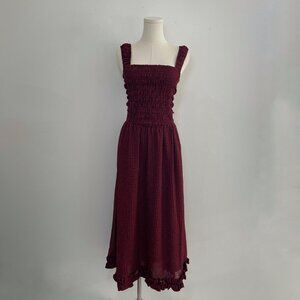 Ganni Sheer Fluid Check Midi Strap Smock Dress | Wine Red | Women’s Size Small